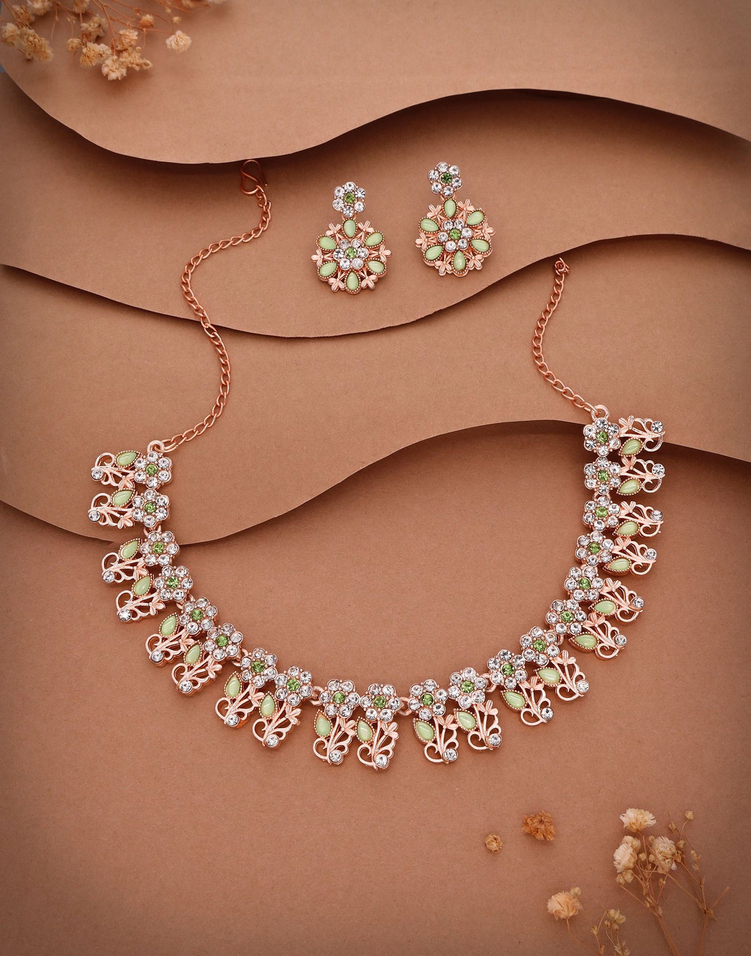 Green Rose Gold Choker Necklace Set With Dangle Earring