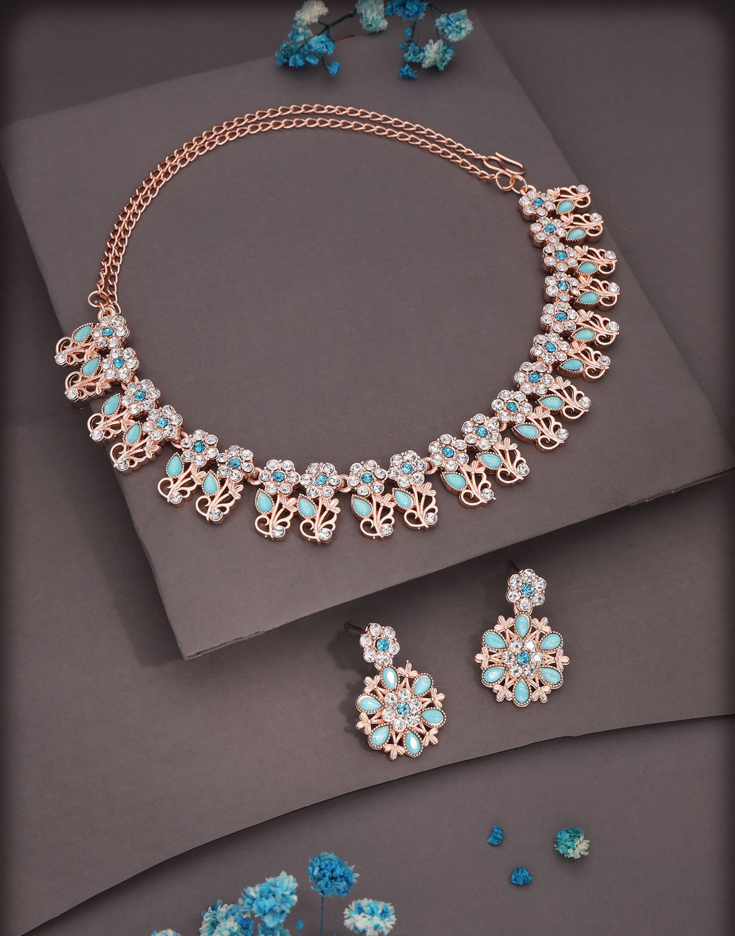 Blue Rose Gold Choker Necklace Set With Dangle Earring