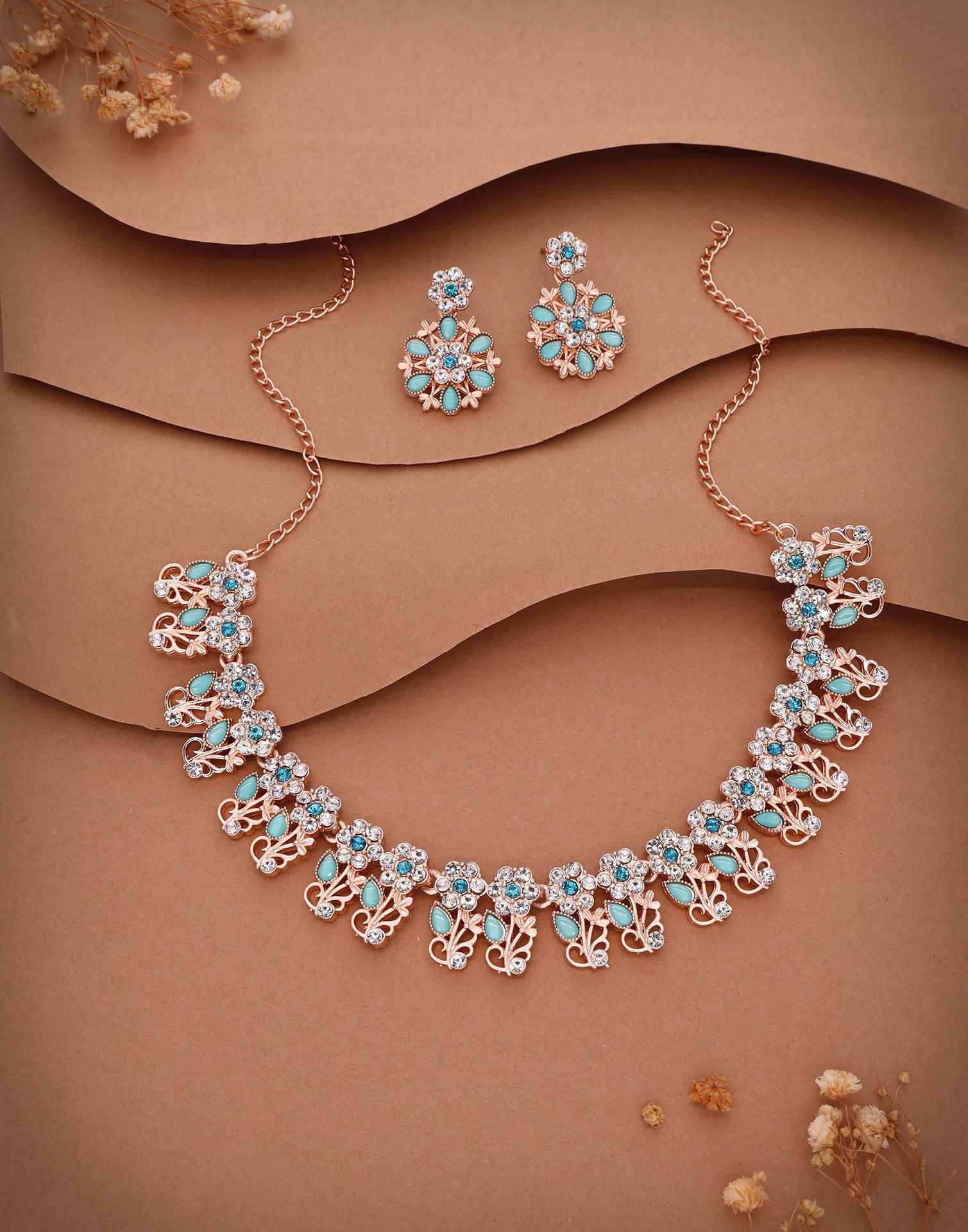 Blue Rose Gold Choker Necklace Set With Dangle Earring