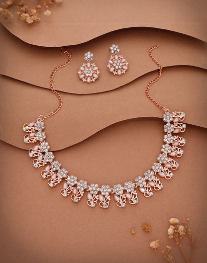 White Rose Gold Choker Necklace Set With Dangle Earring