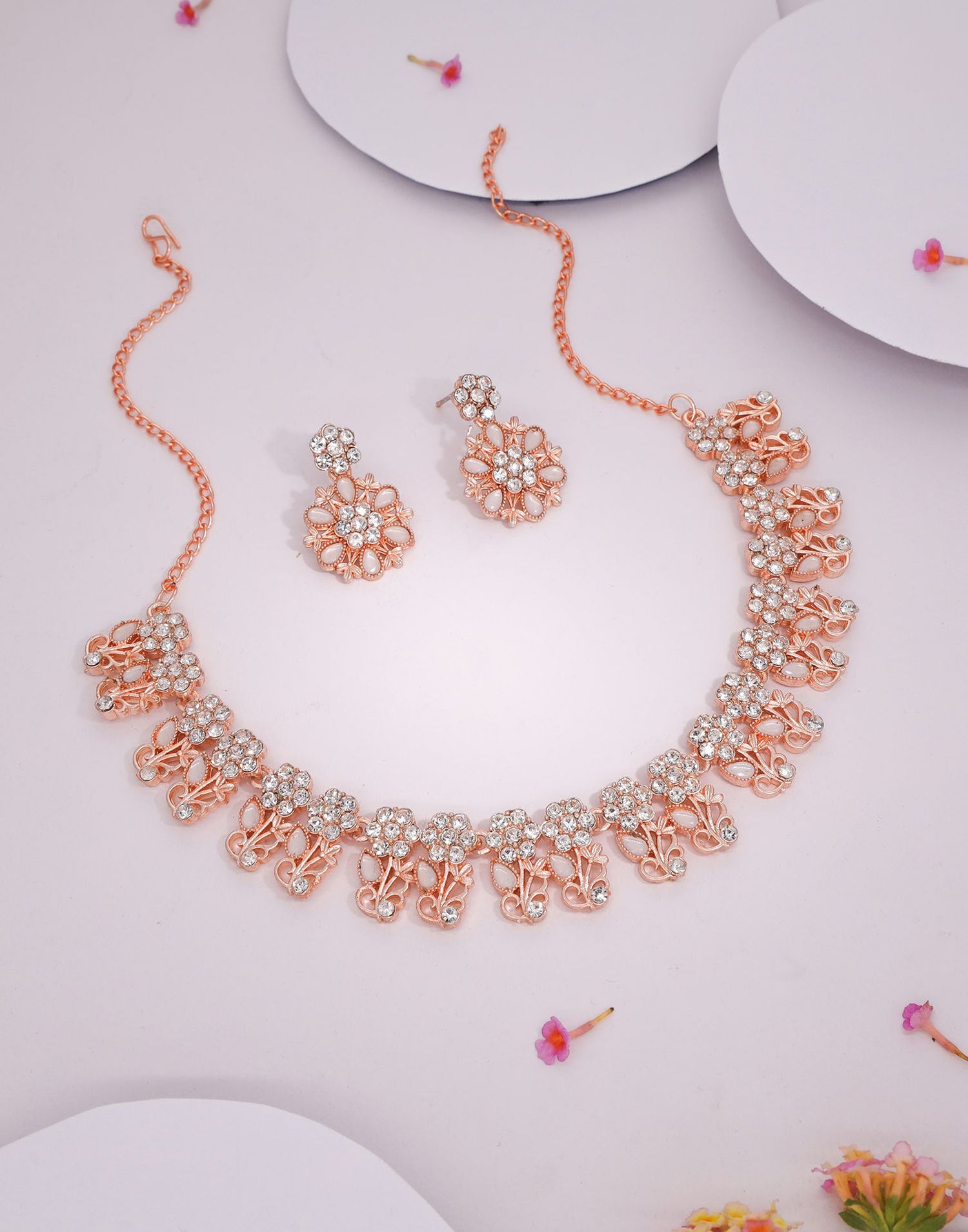 White Rose Gold Choker Necklace Set With Dangle Earring