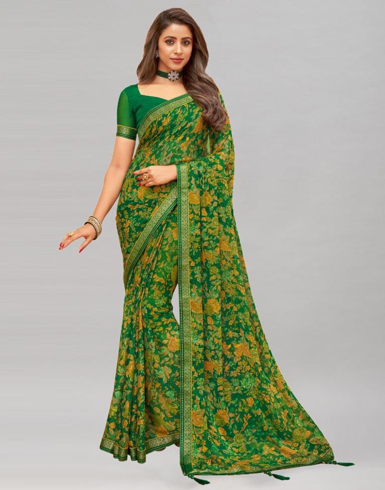 Ready to Wear Green Chiffon Printed Saree