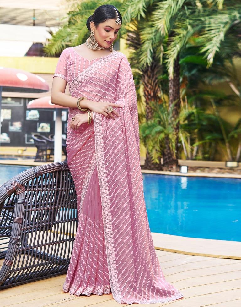 Ready to Wear Pink Chiffon Embroidery Saree