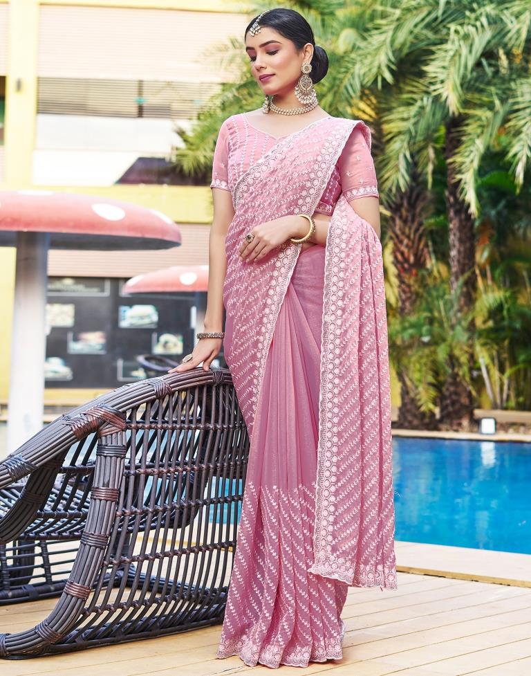 Ready to Wear Pink Chiffon Embroidery Saree