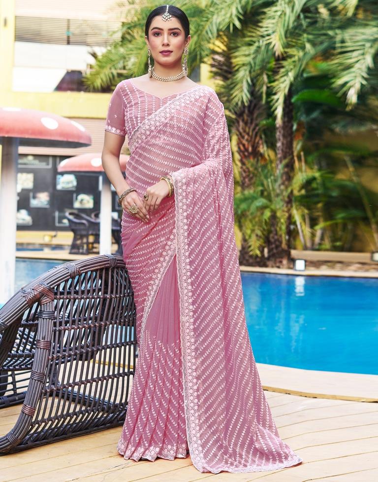 Ready to Wear Pink Chiffon Embroidery Saree