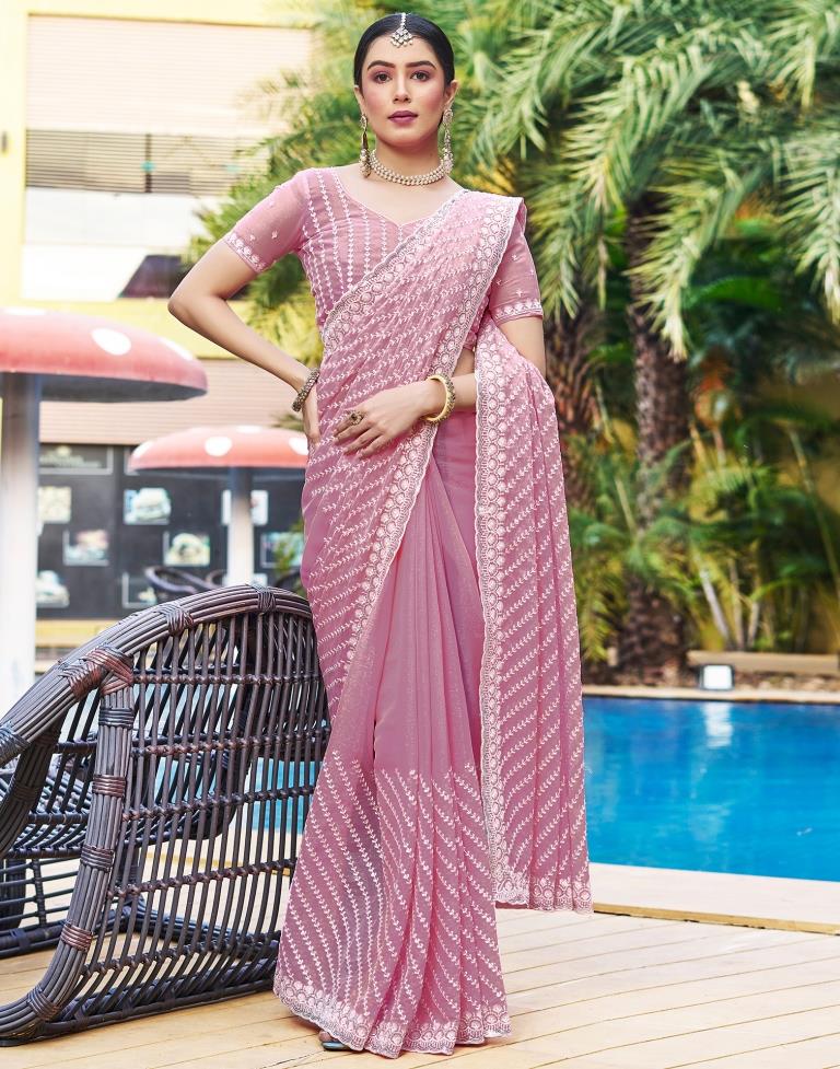 Ready to Wear Pink Chiffon Embroidery Saree