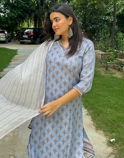 Light Blue Cotton Printed Straight Kurta With Pant And Dupatta