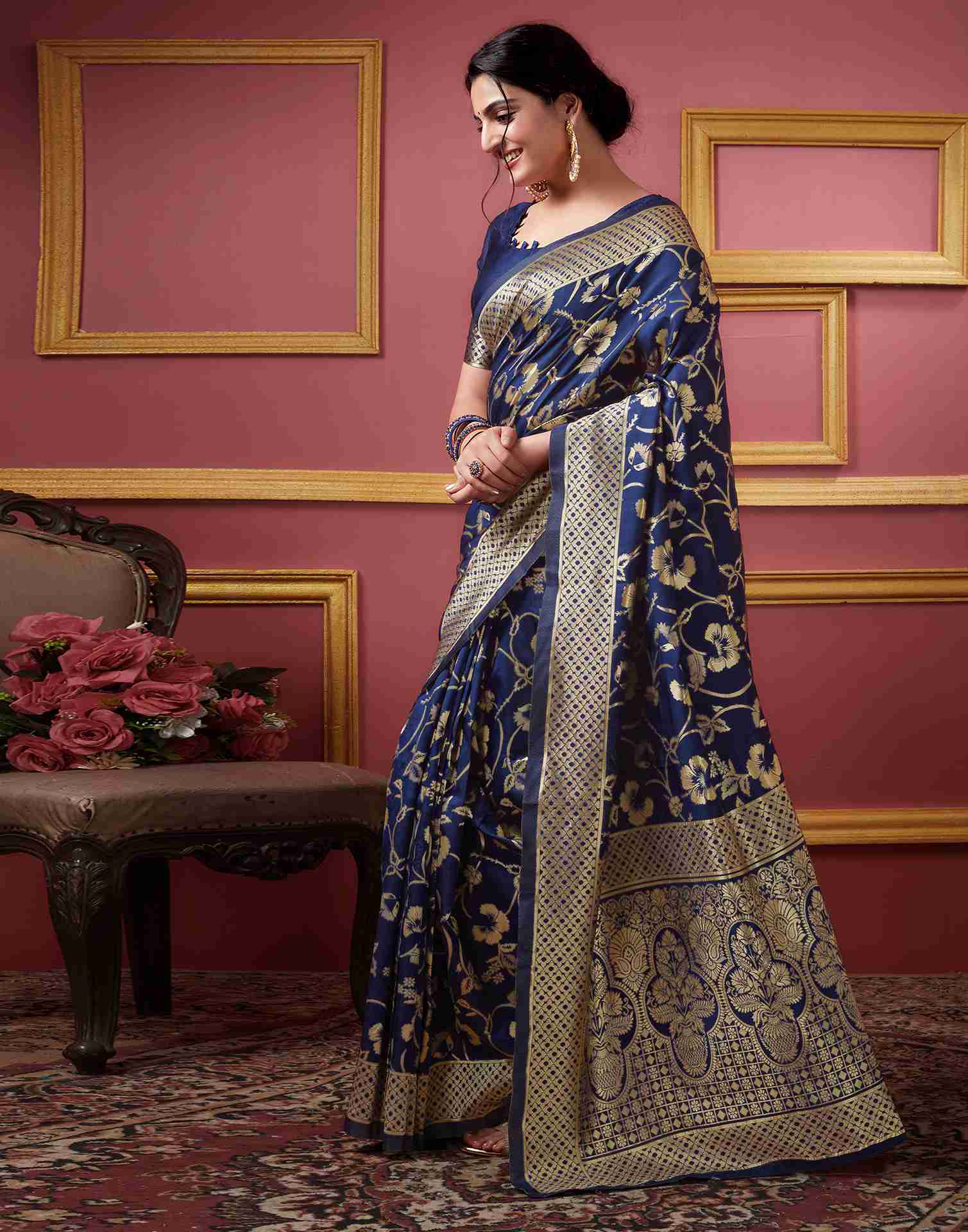 Navy Blue Floral Banarasi Silk Saree