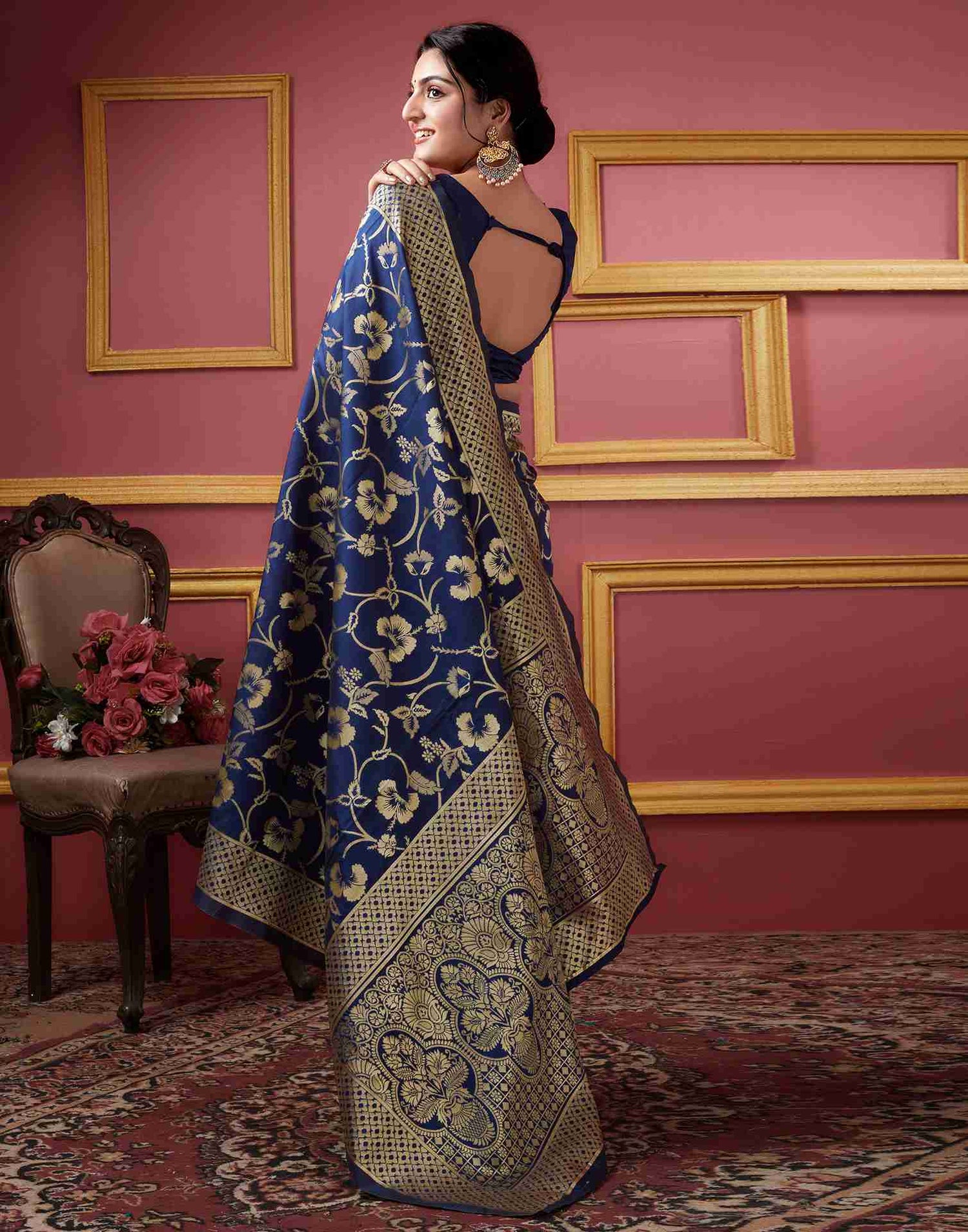 Navy Blue Floral Banarasi Silk Saree