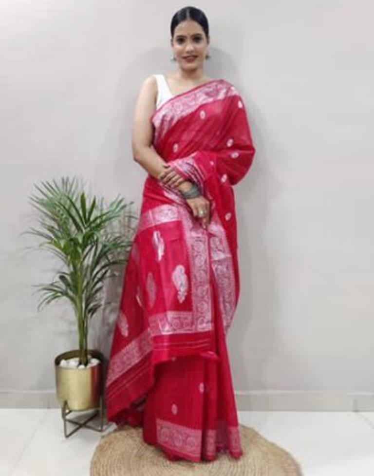 B1G1 Red Jacquard Cotton Saree