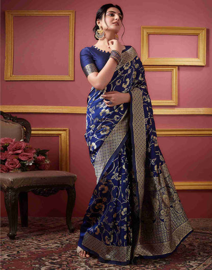 Navy Blue Floral Banarasi Silk Saree