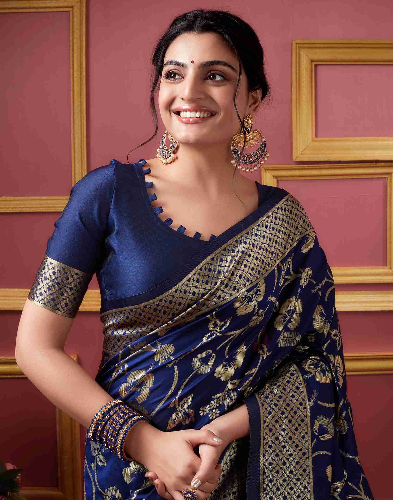 Navy Blue Floral Banarasi Silk Saree