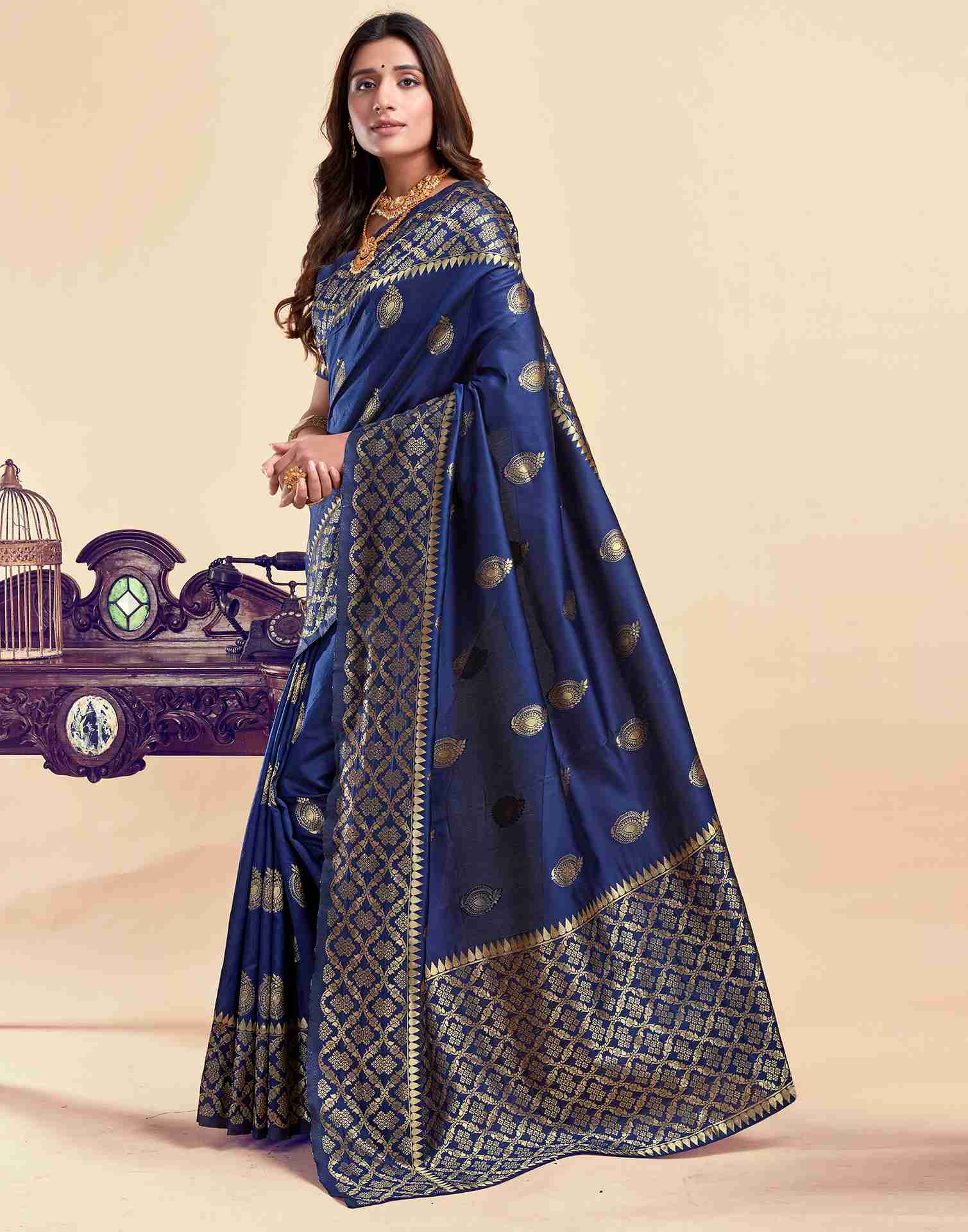 Navy Blue Silk Woven Saree