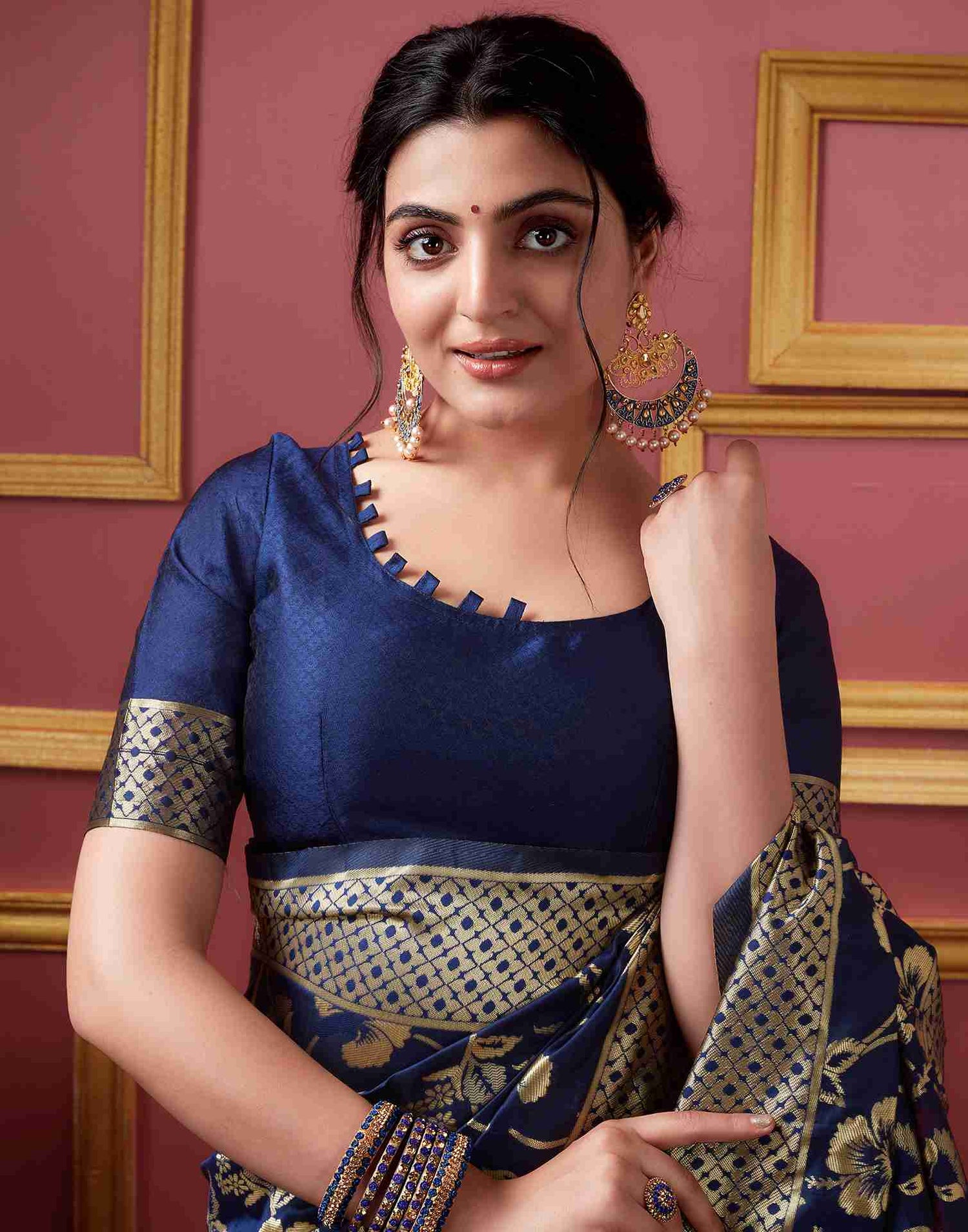 Navy Blue Floral Banarasi Silk Saree