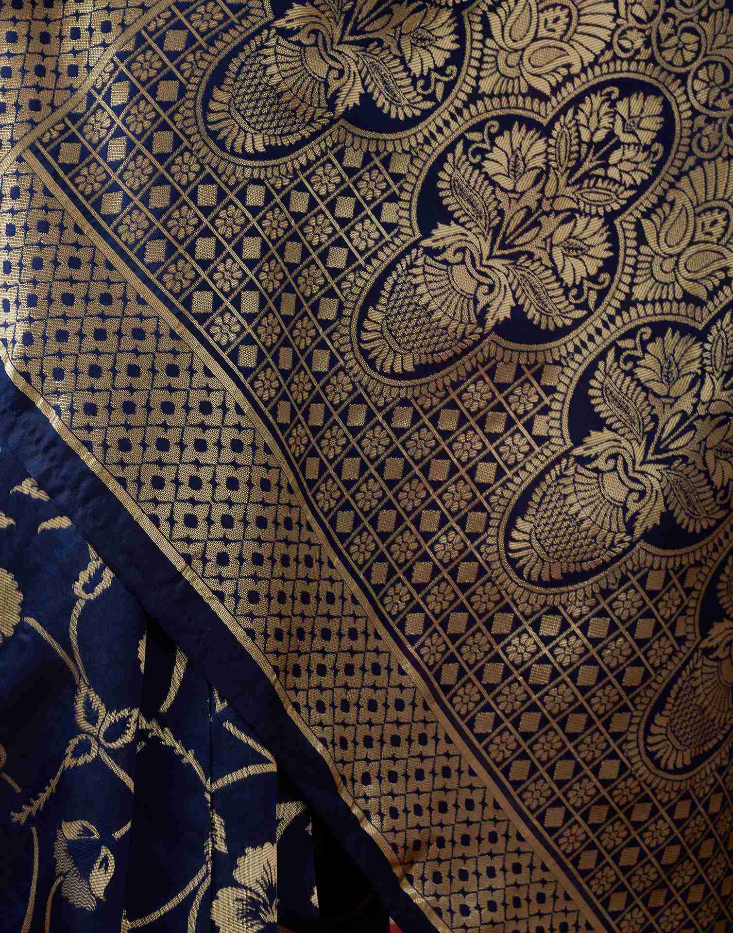 Navy Blue Floral Banarasi Silk Saree