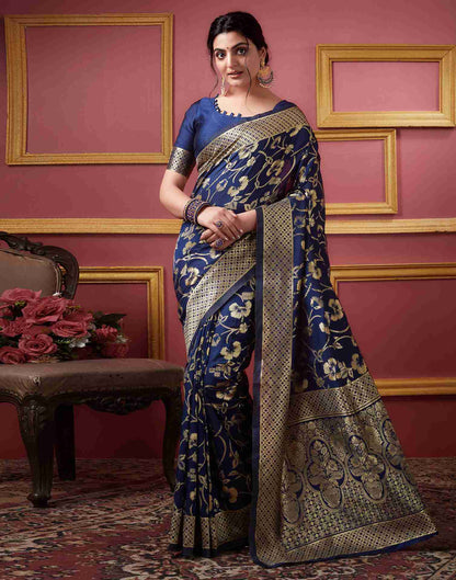 Navy Blue Floral Banarasi Silk Saree