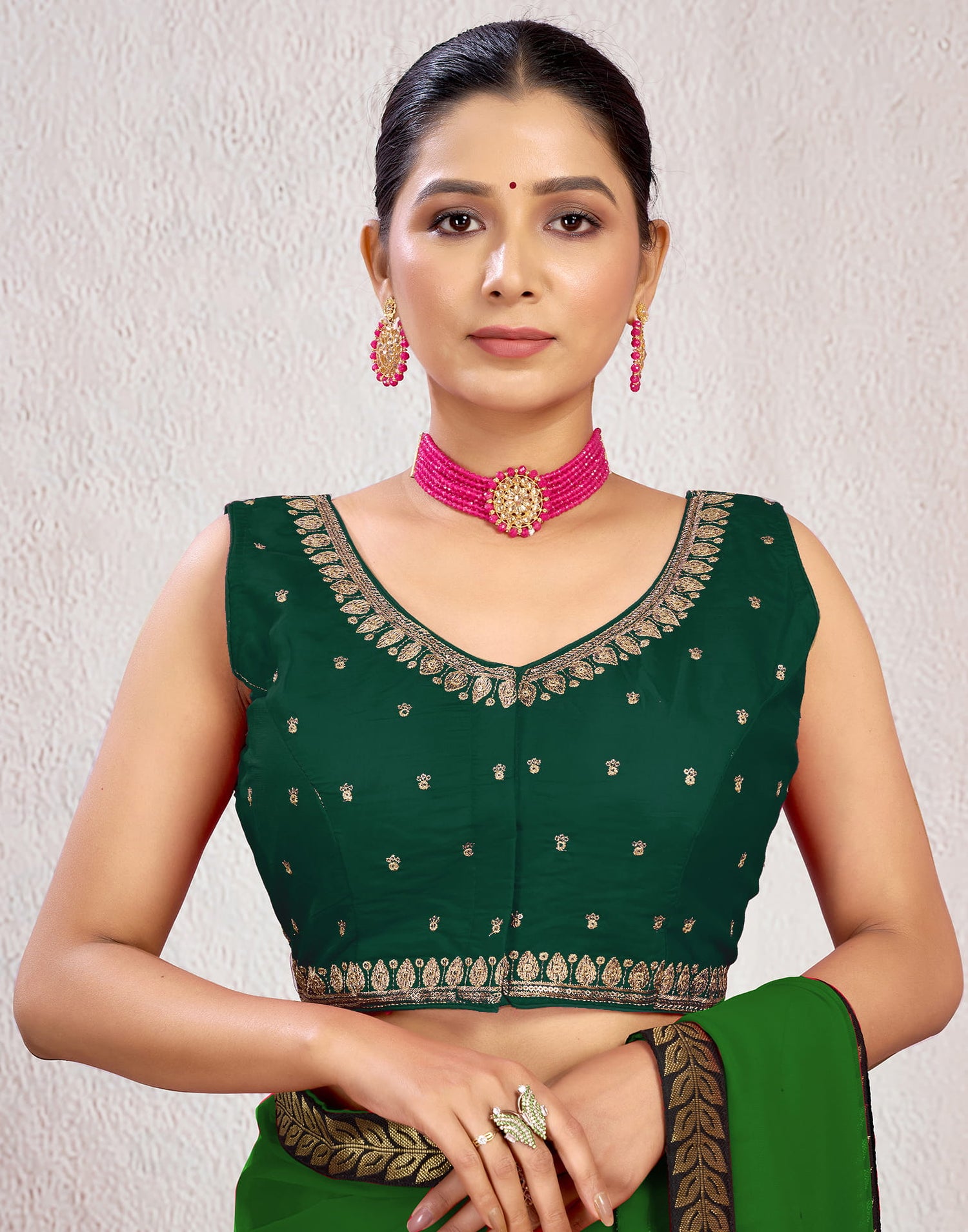 Dark Green Silk Plain Embroidery Blouse