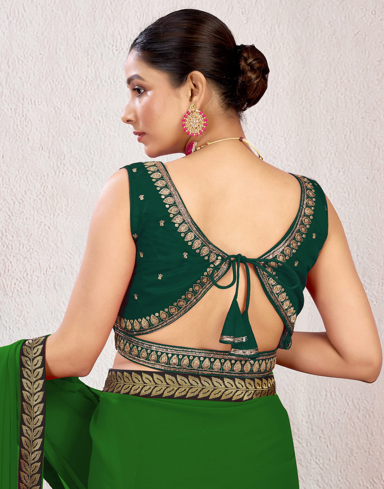 Dark Green Silk Plain Embroidery Blouse