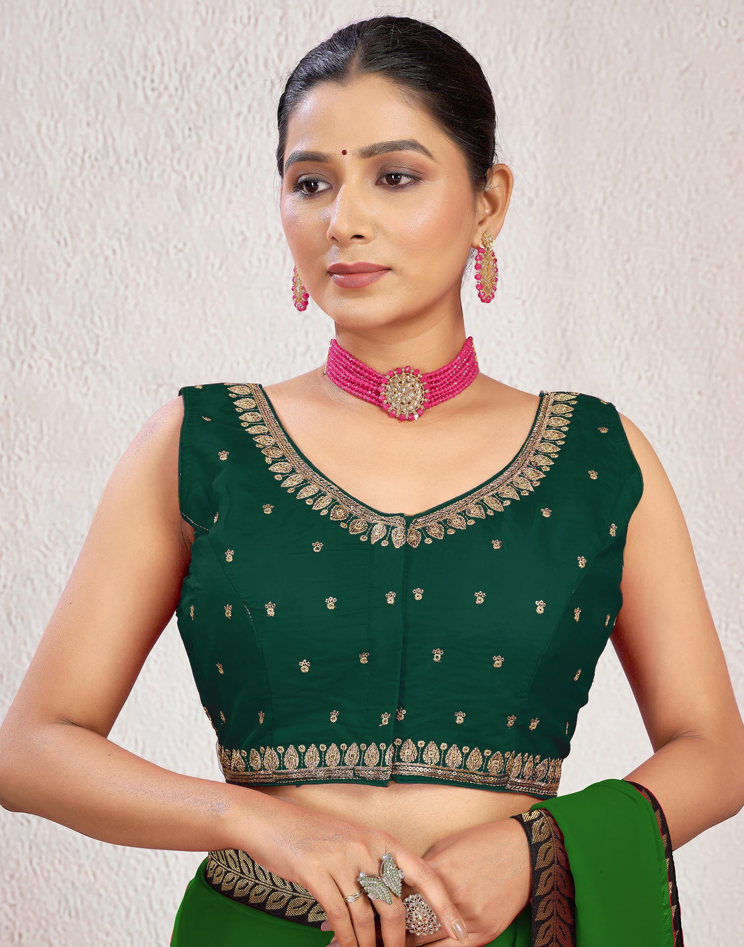 Dark Green Silk Plain Embroidery Blouse