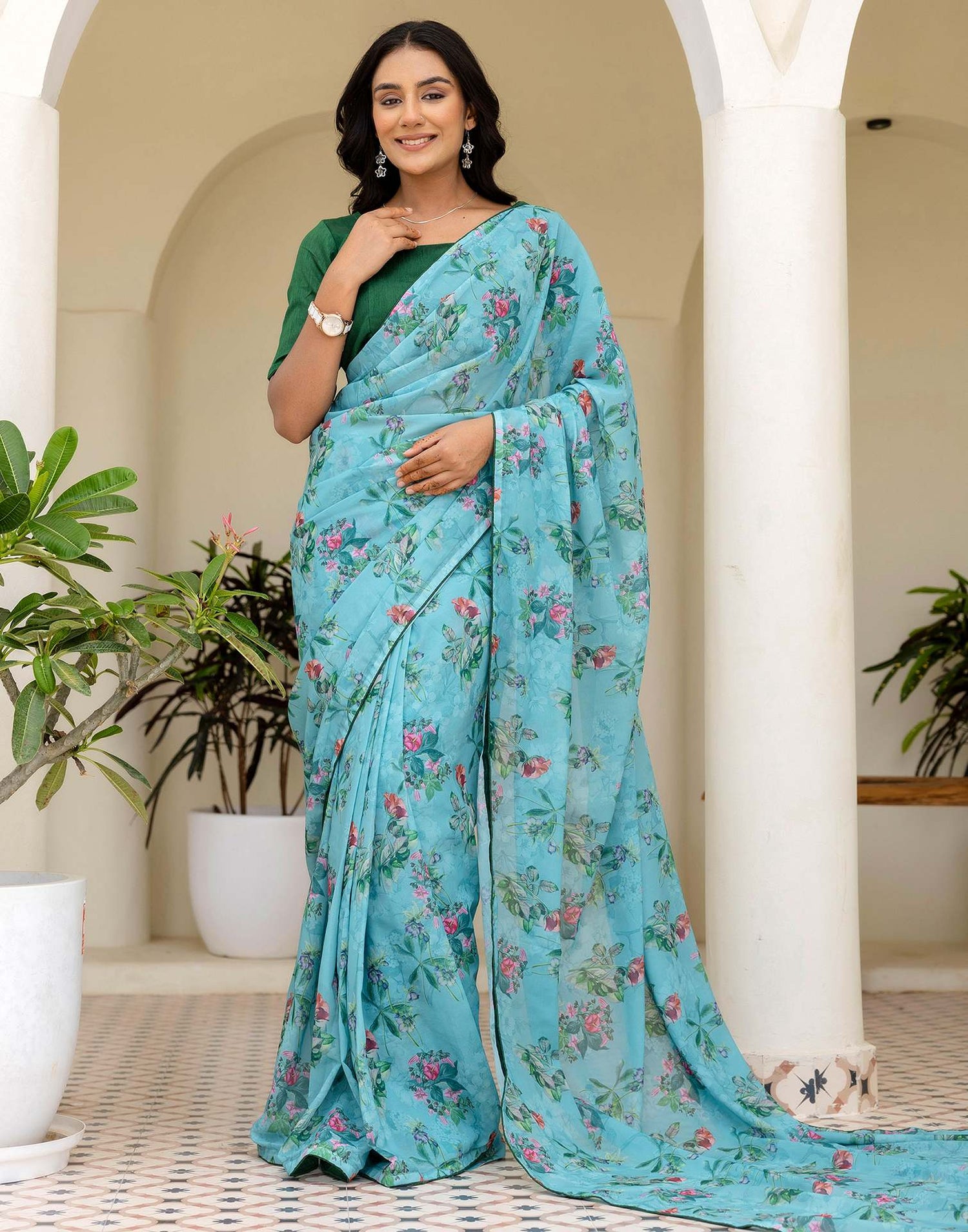 Ready To Wear Multicoloured Georgette Floral Printed Saree