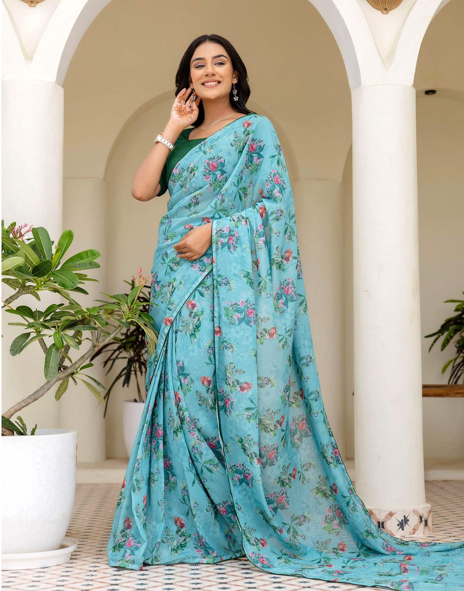 Ready To Wear Multicoloured Georgette Floral Printed Saree