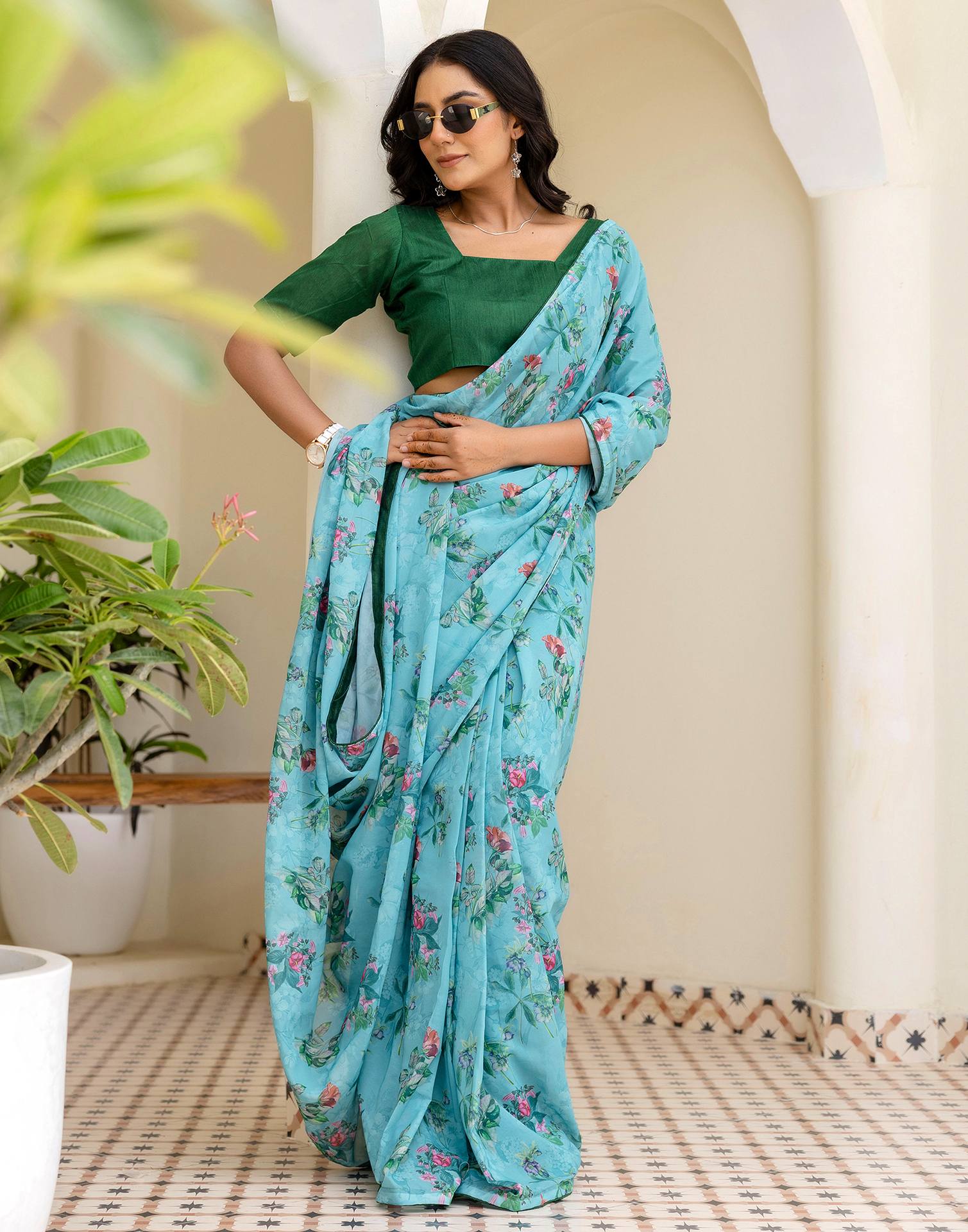 Ready To Wear Multicoloured Georgette Floral Printed Saree