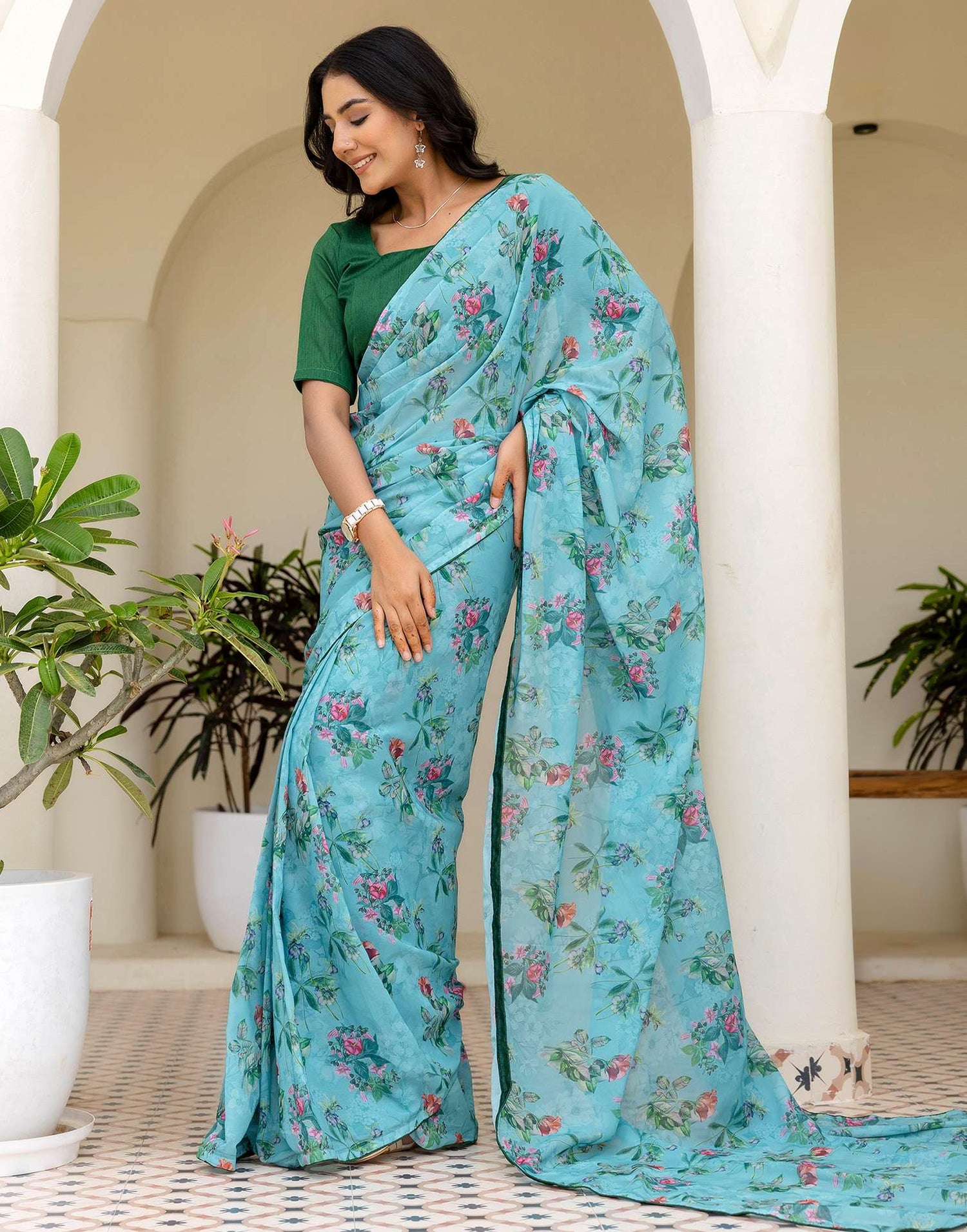 Ready To Wear Multicoloured Georgette Floral Printed Saree