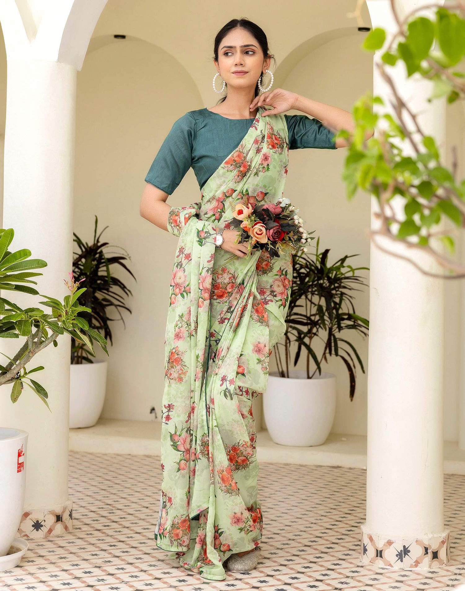 Ready To Wear Multicoloured Georgette Floral Printed Saree