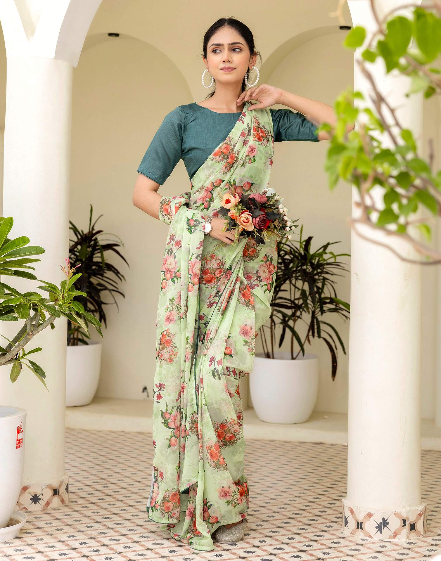 Ready To Wear Multicoloured Georgette Floral Printed Saree