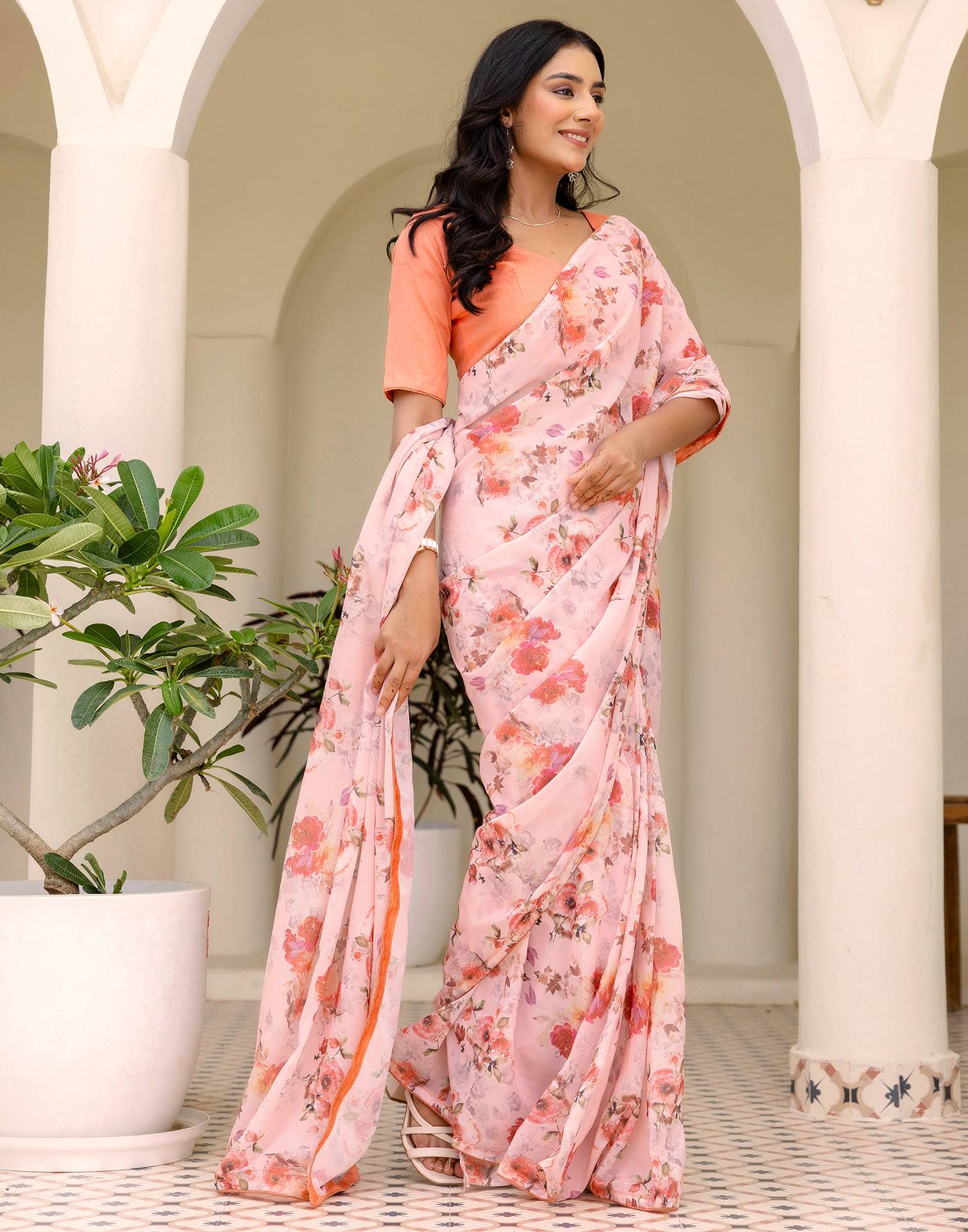 Ready To Wear Multicoloured Georgette Floral Printed Saree