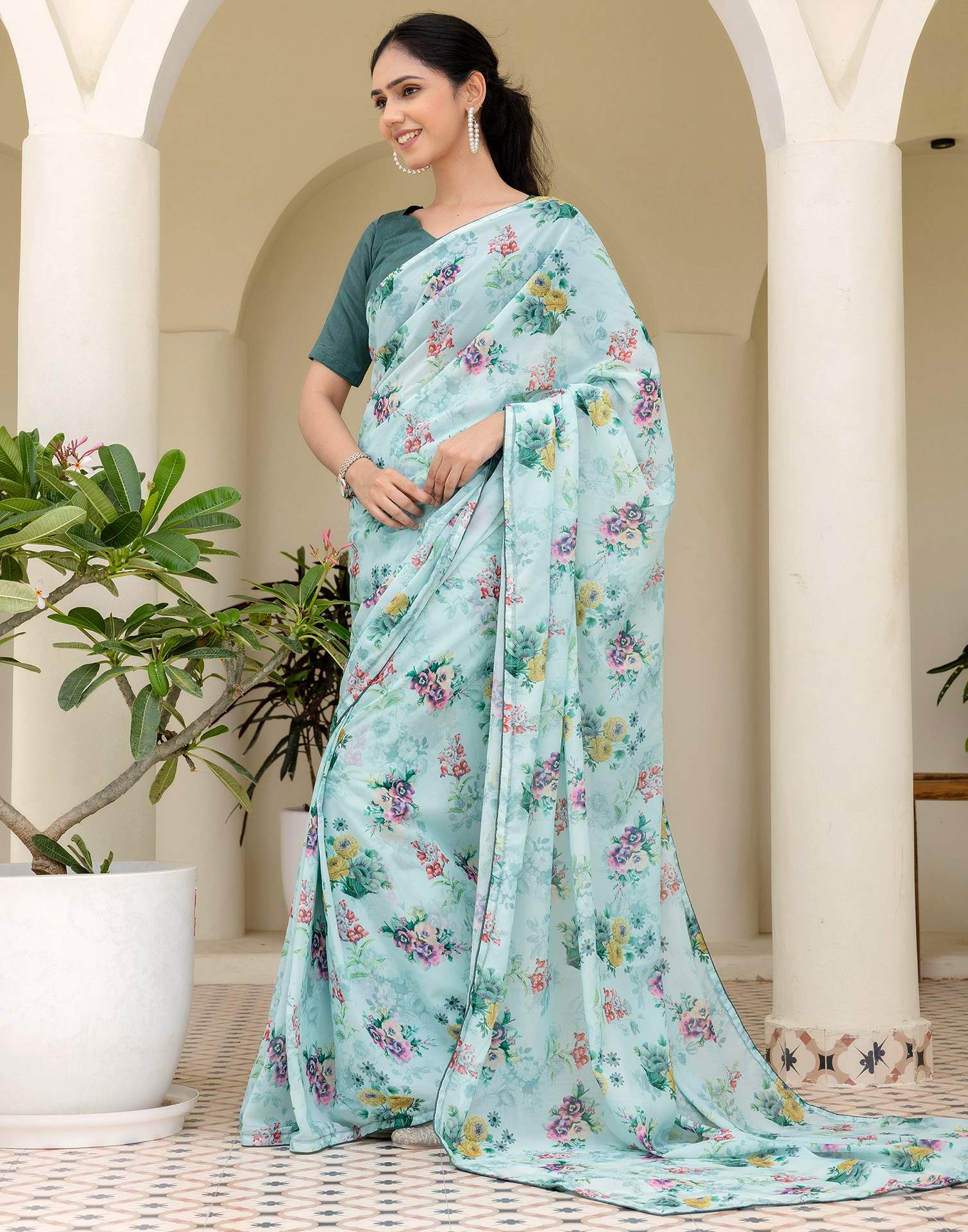 Ready To Wear Multicoloured Georgette Floral Printed Saree