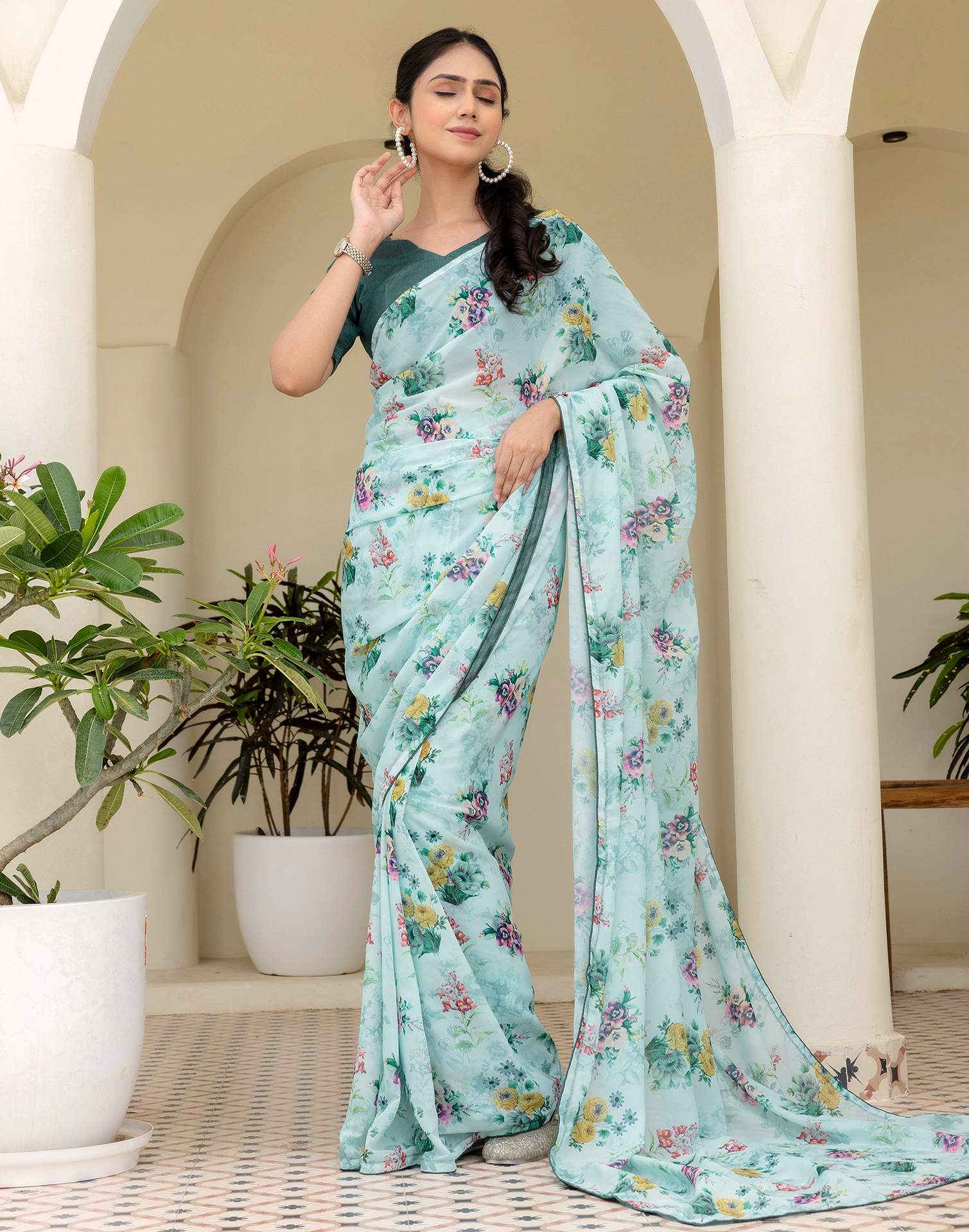 Ready To Wear Multicoloured Georgette Floral Printed Saree