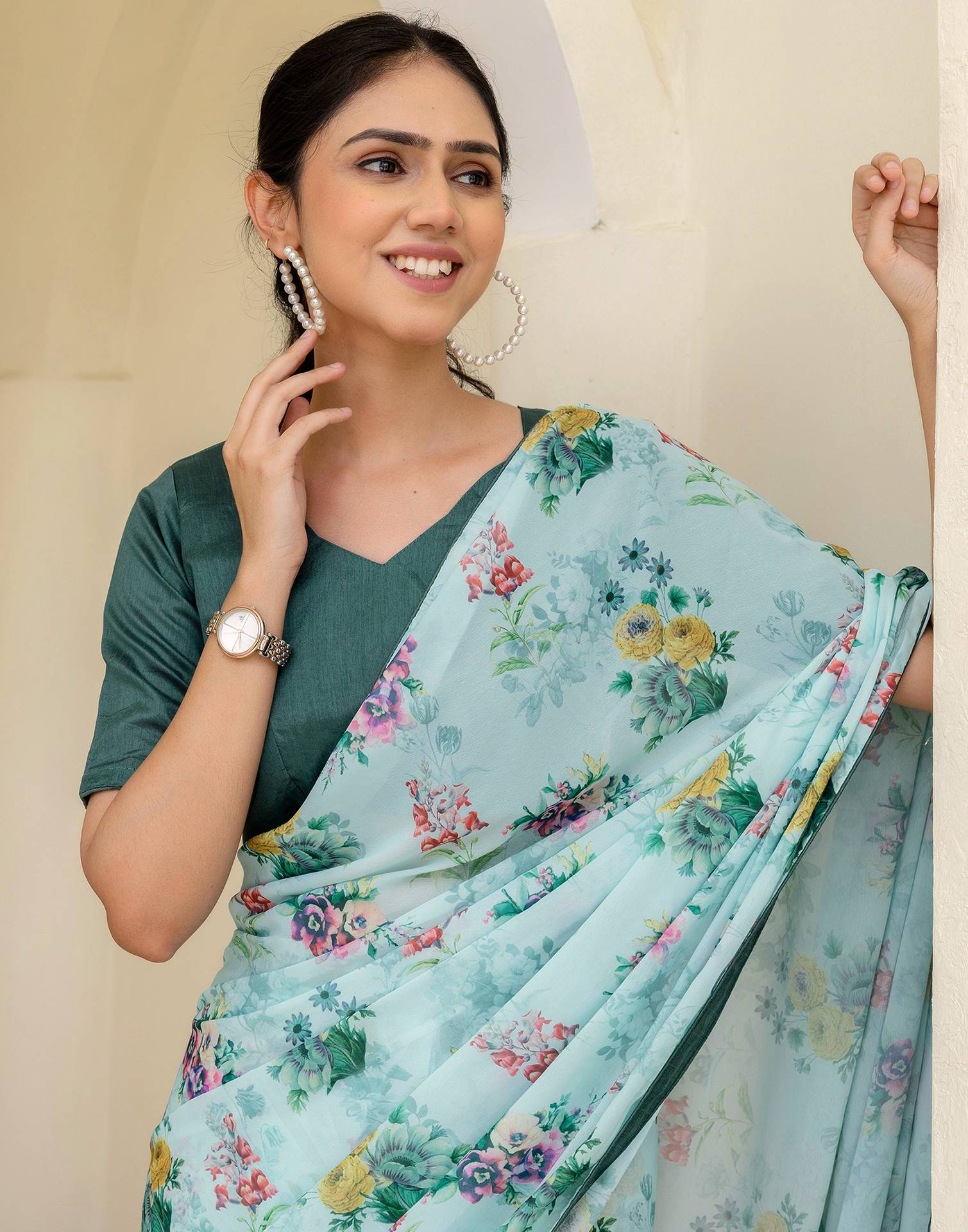 Ready To Wear Multicoloured Georgette Floral Printed Saree