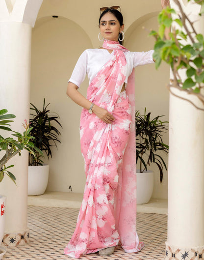 Ready To Wear White Georgette Floral Printed Saree