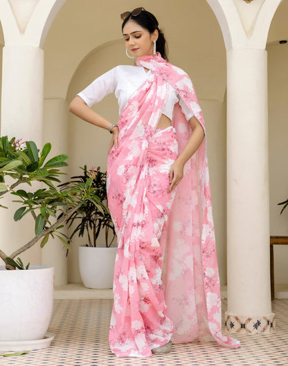 Ready To Wear White Georgette Floral Printed Saree