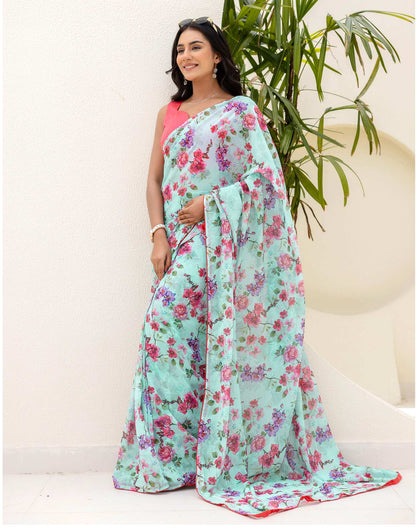 Ready To Wear Multicoloured Georgette Floral Printed Saree