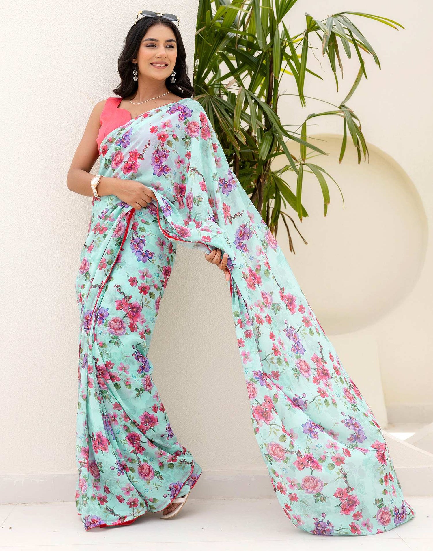 Ready To Wear Multicoloured Georgette Floral Printed Saree