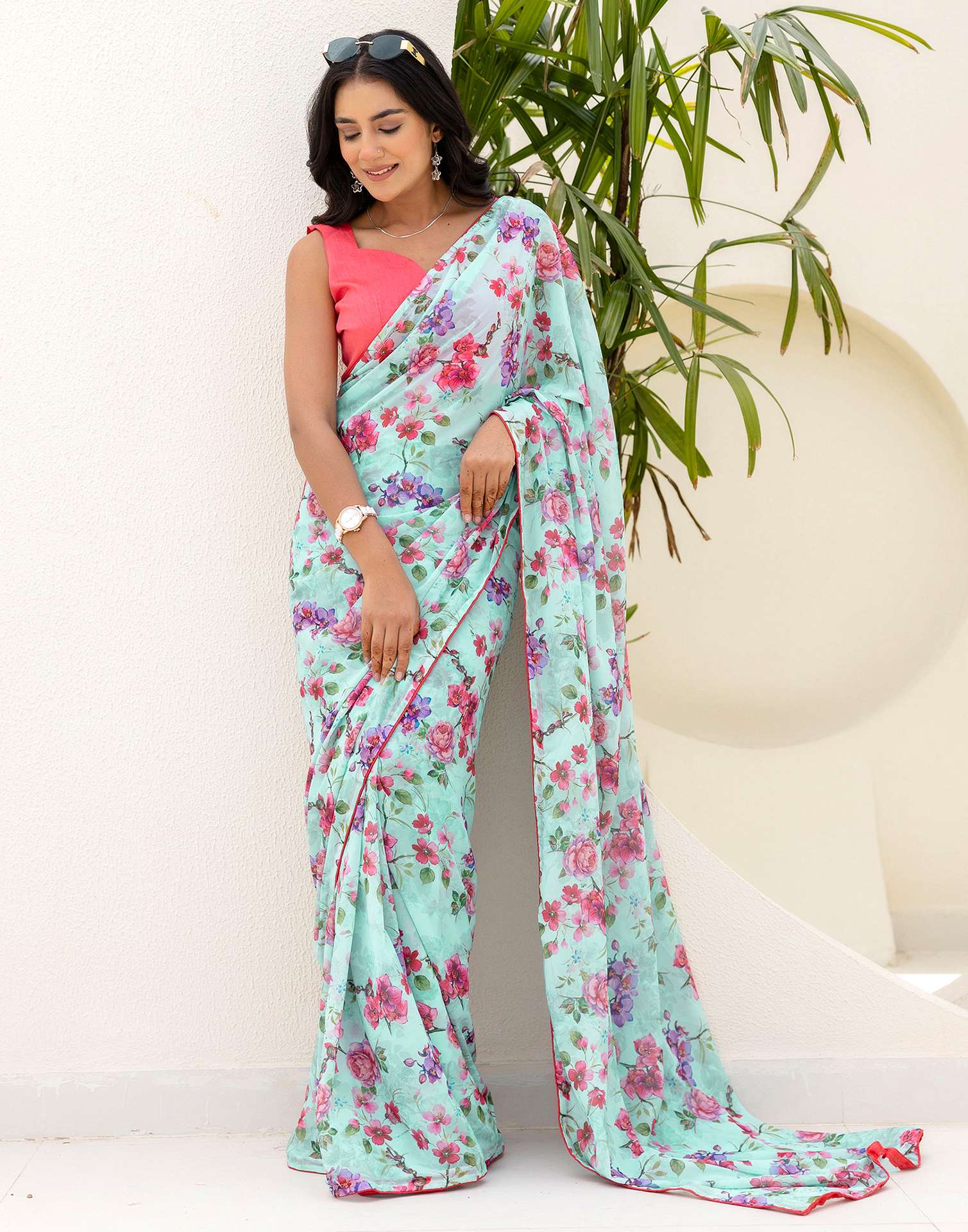 Ready To Wear Multicoloured Georgette Floral Printed Saree