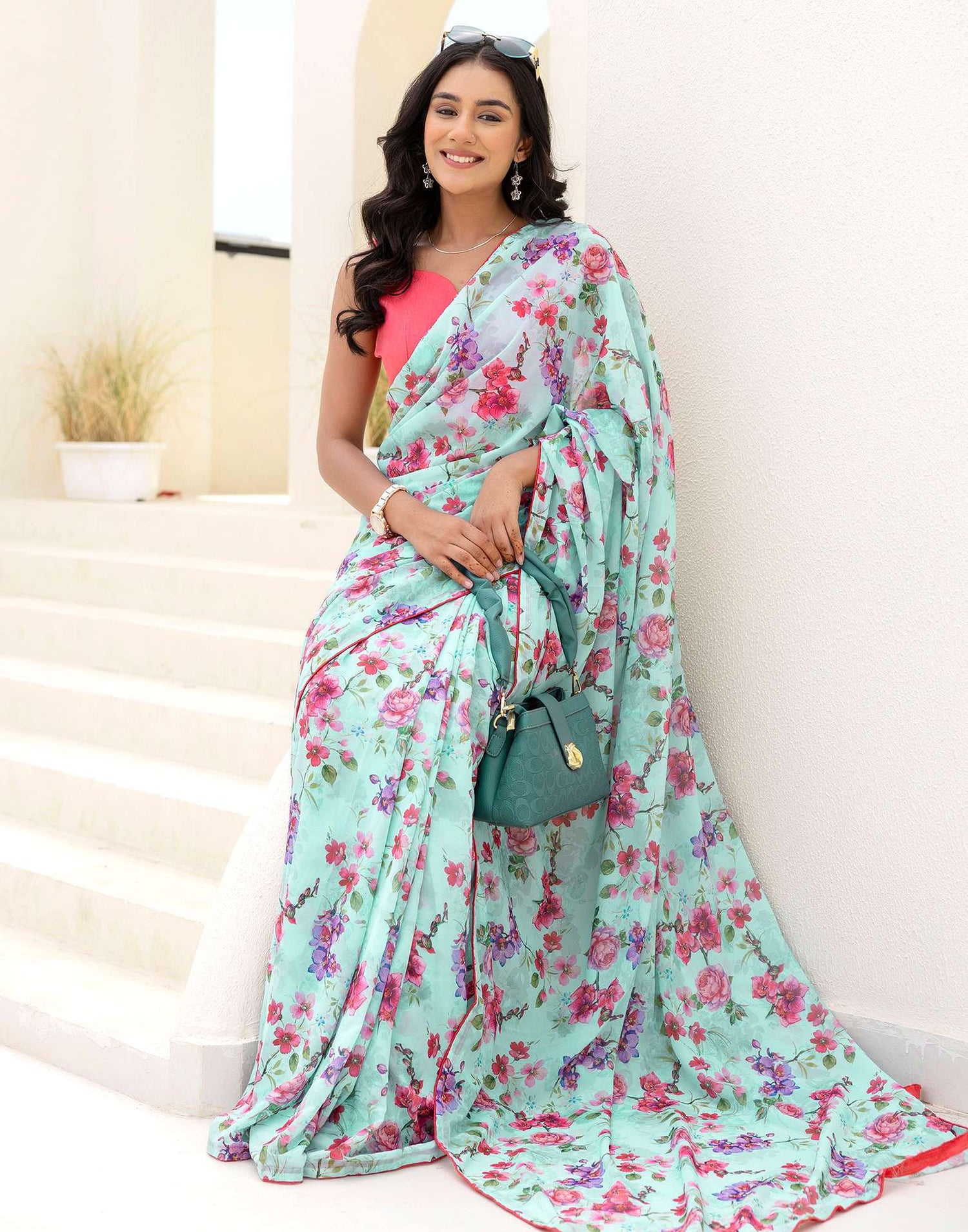 Ready To Wear Multicoloured Georgette Floral Printed Saree