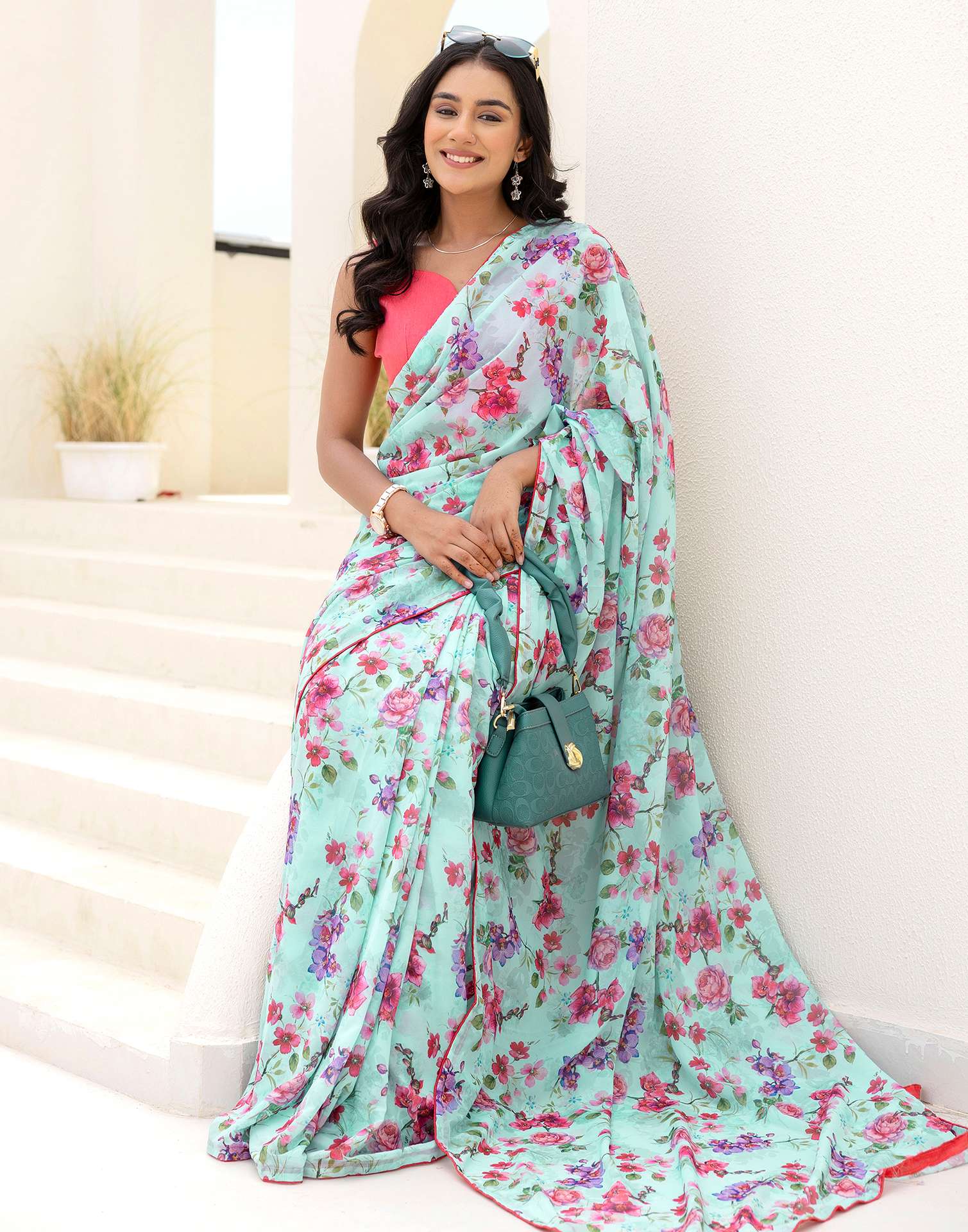 Ready To Wear Multicoloured Georgette Floral Printed Saree