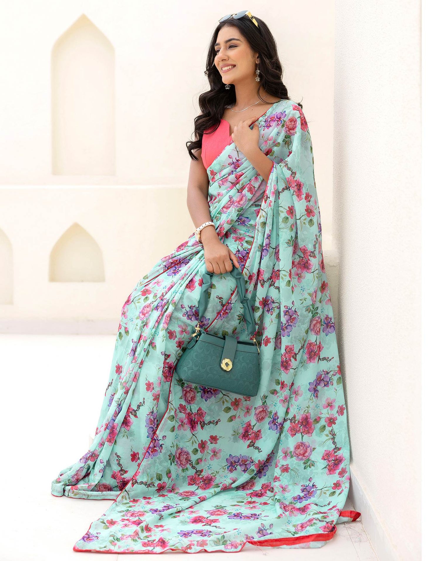 Ready To Wear Multicoloured Georgette Floral Printed Saree