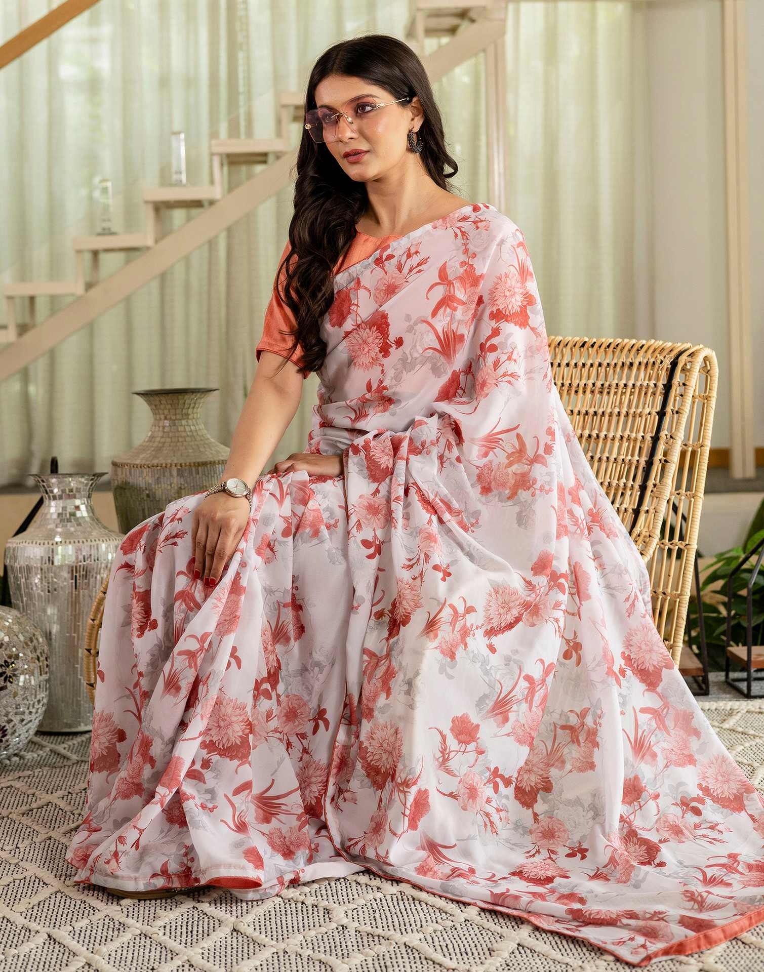 Ready To Wear Brown Georgette Floral Printed Saree