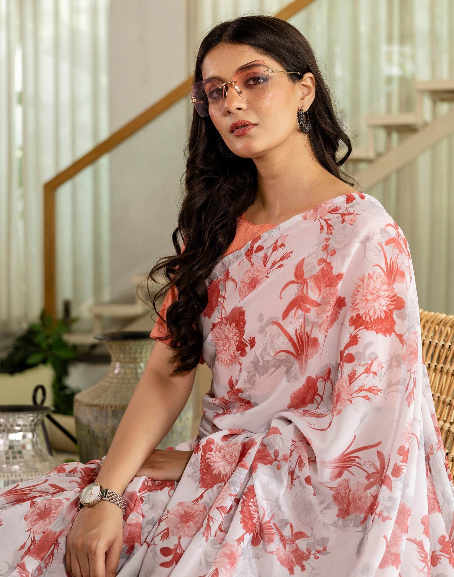 Ready To Wear Brown Georgette Floral Printed Saree
