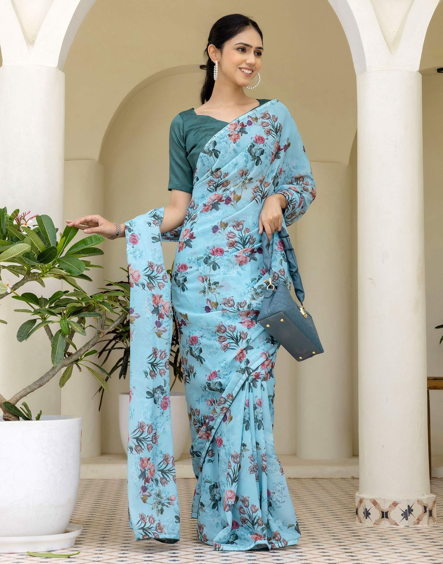 Ready To Wear Multicoloured Georgette Floral Printed Saree