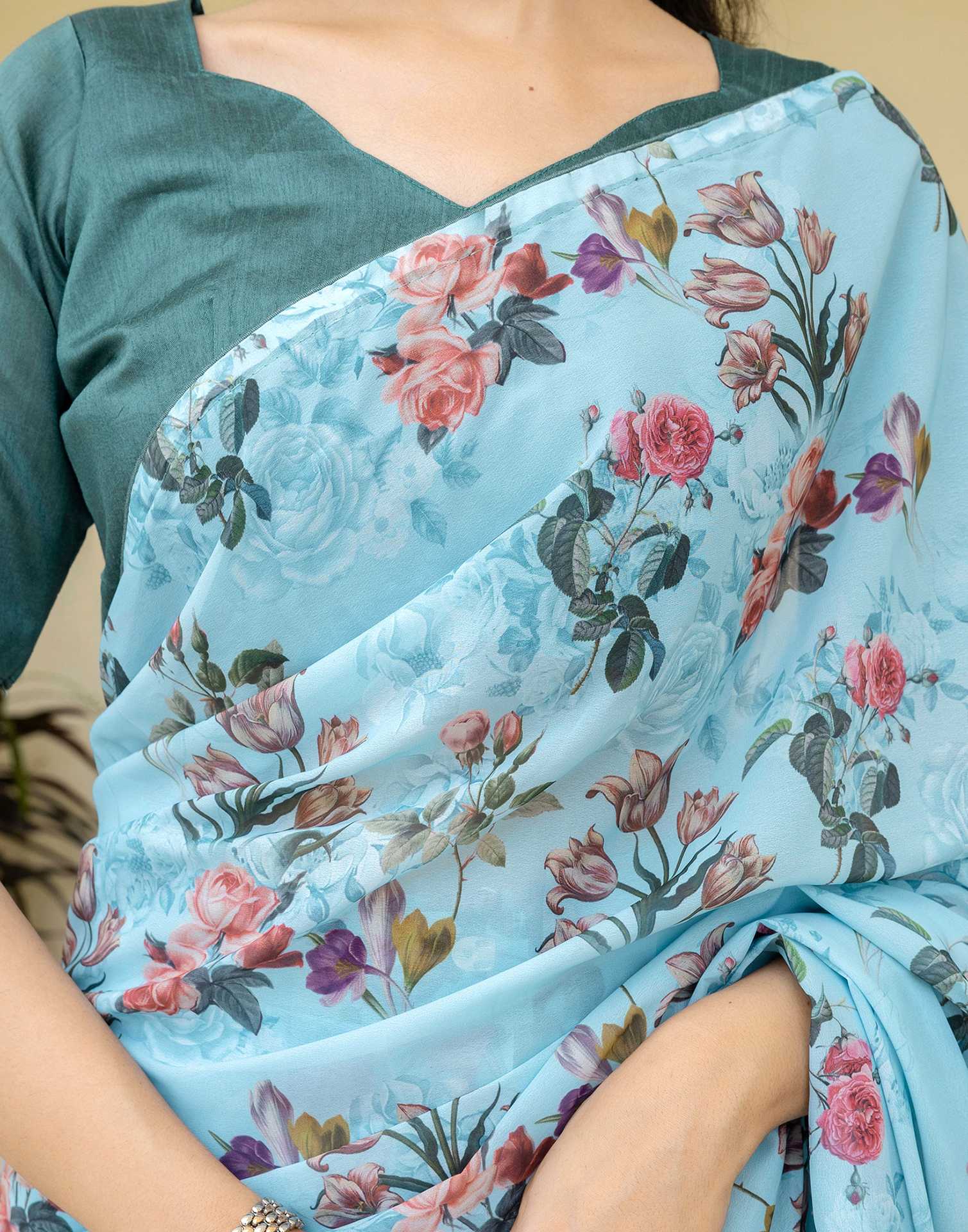 Ready To Wear Multicoloured Georgette Floral Printed Saree