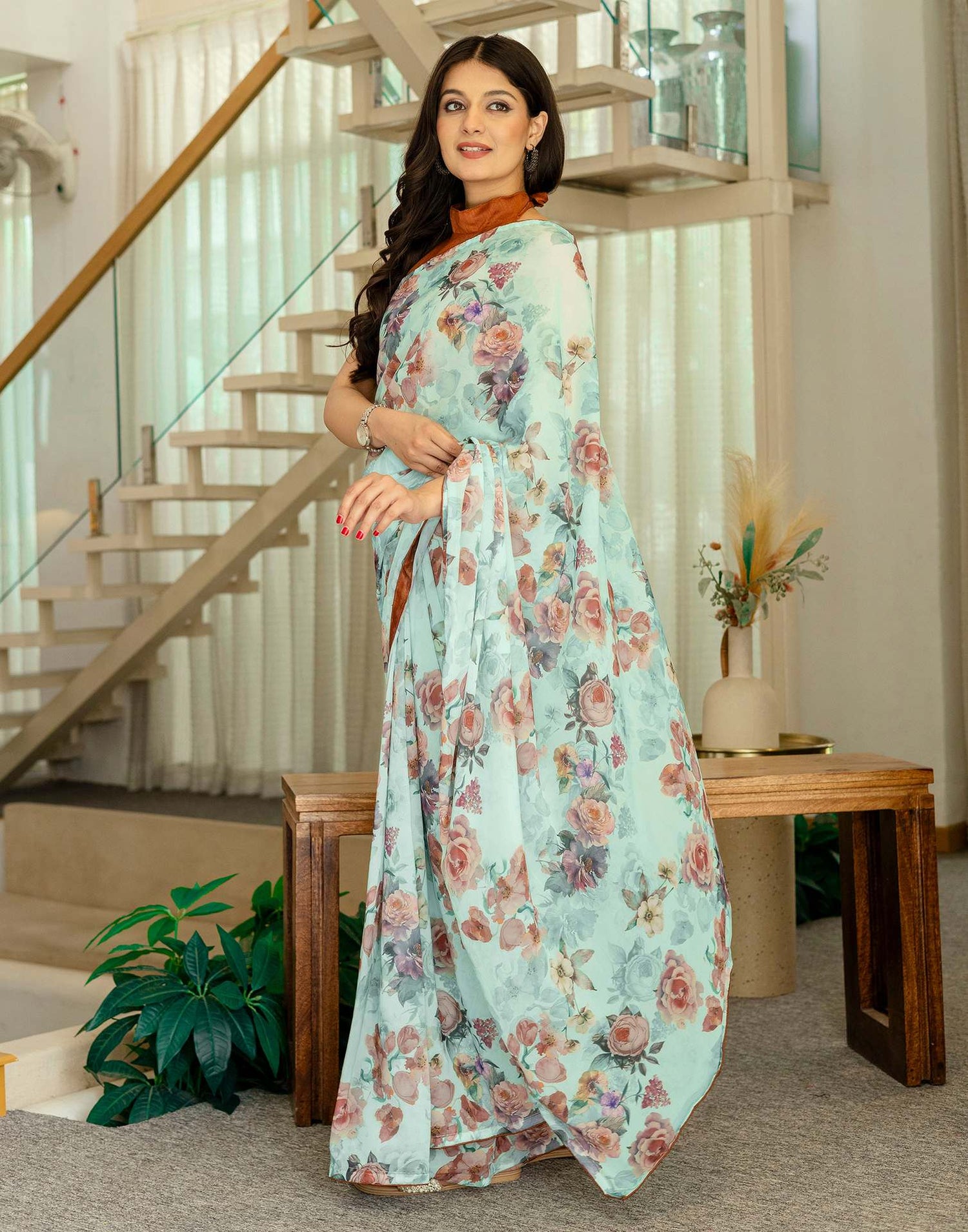 Ready To Wear Multicoloured Georgette Floral Printed Saree