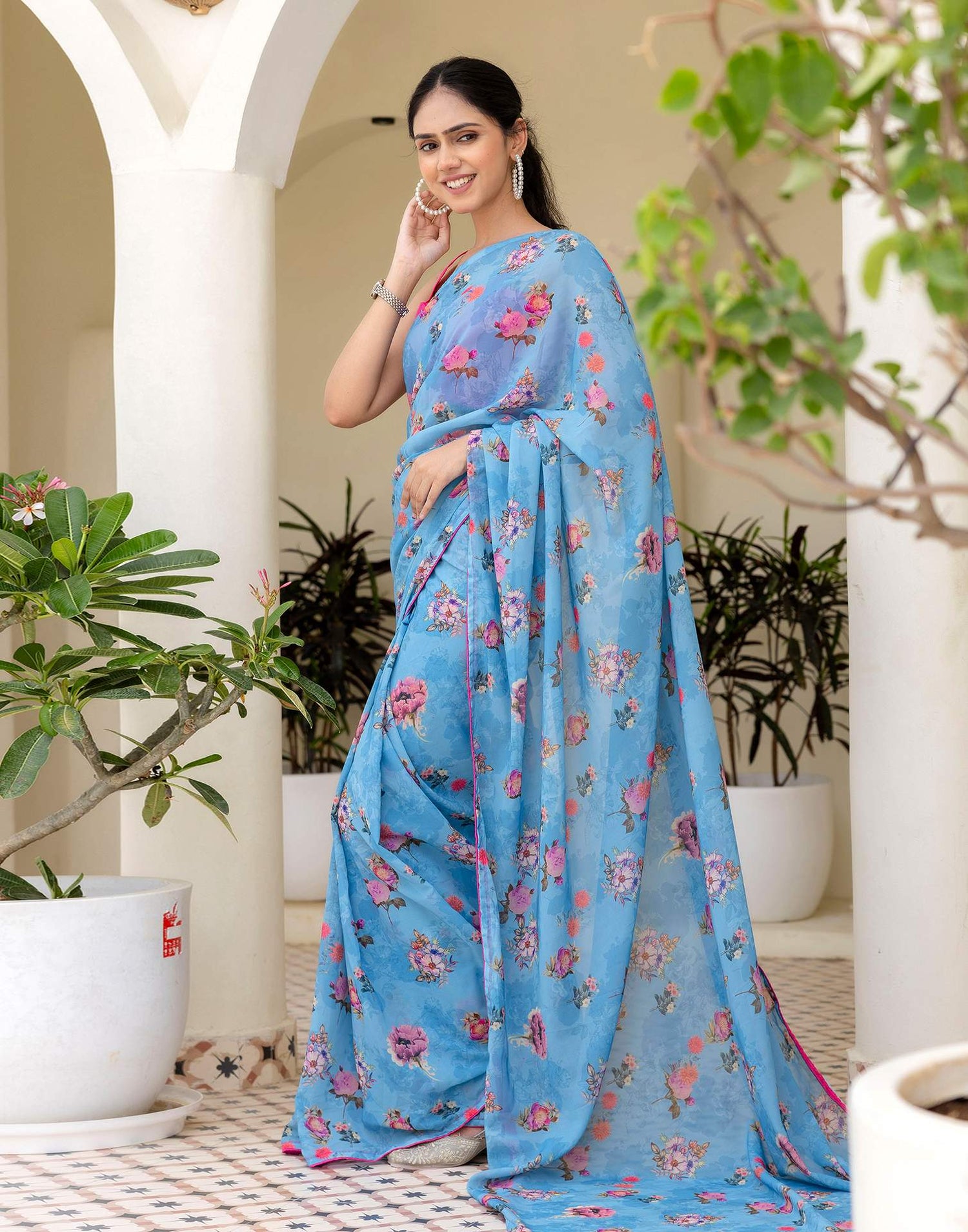 Ready To Wear Multicoloured Georgette Floral Printed Saree