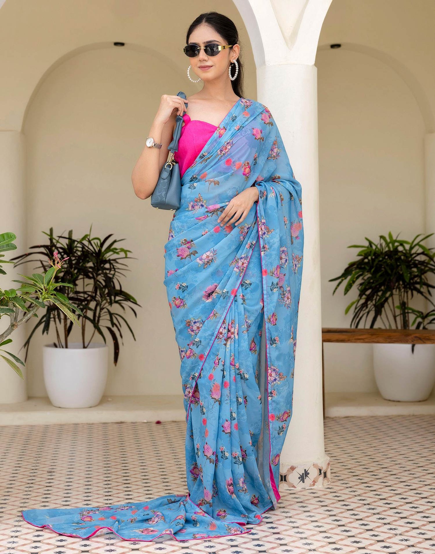 Ready To Wear Multicoloured Georgette Floral Printed Saree