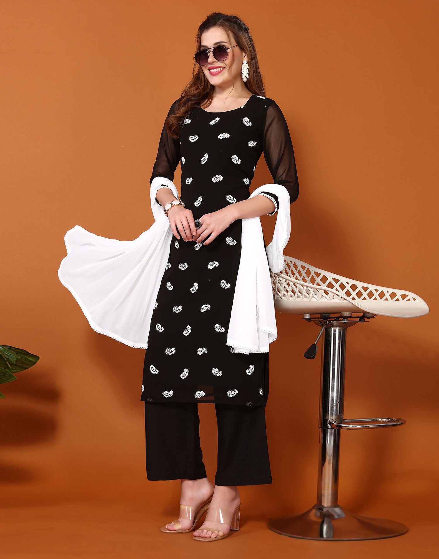 Black Printed Georgette Straight Kurta Set With Dupatta