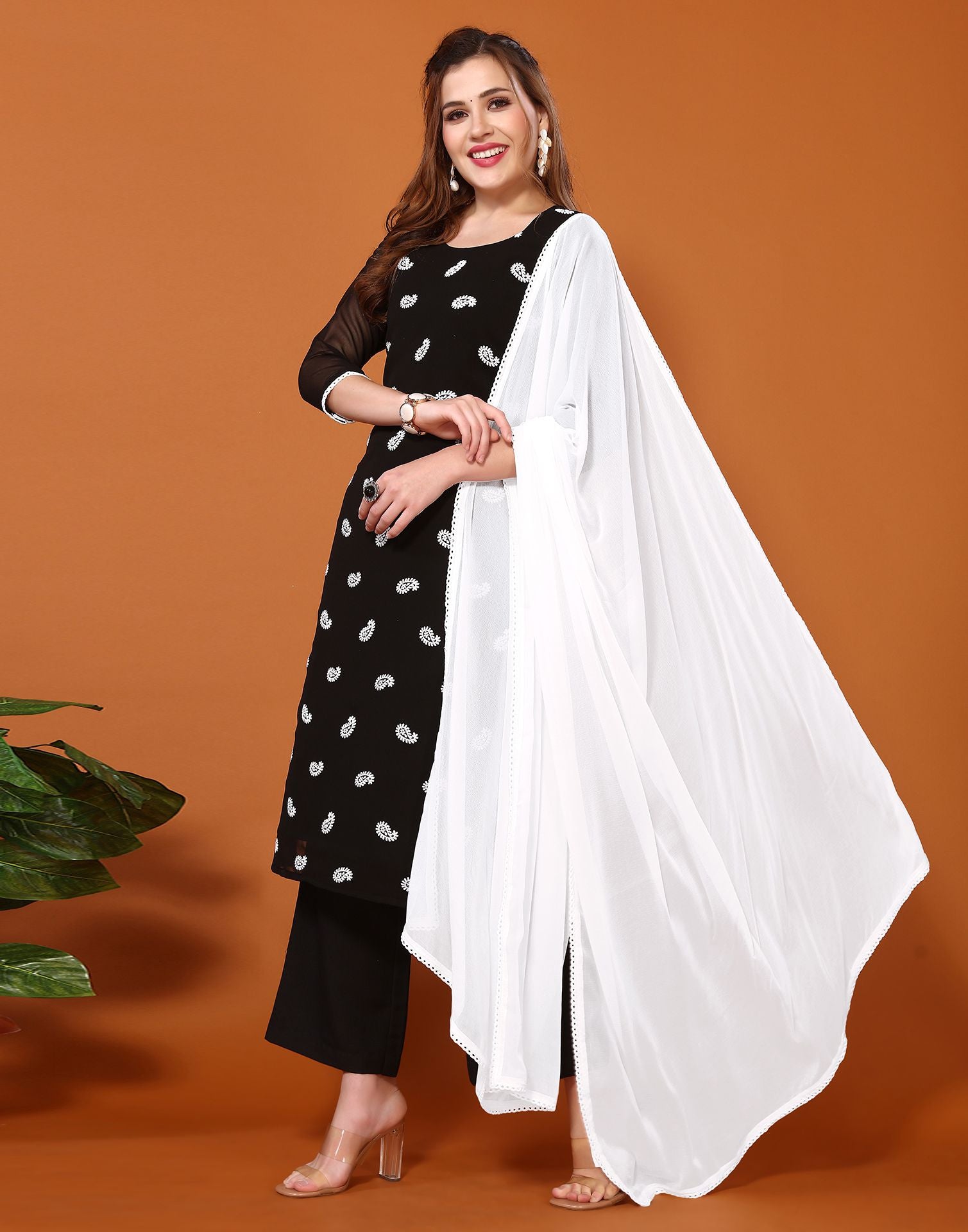 Black Printed Georgette Straight Kurta Set With Dupatta